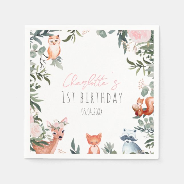 Pink Floral Woodland Animals Birthday Napkins  (Front)