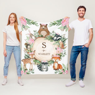 Pink Floral Woodland Animals Custom Monogram Name Fleece Blanket