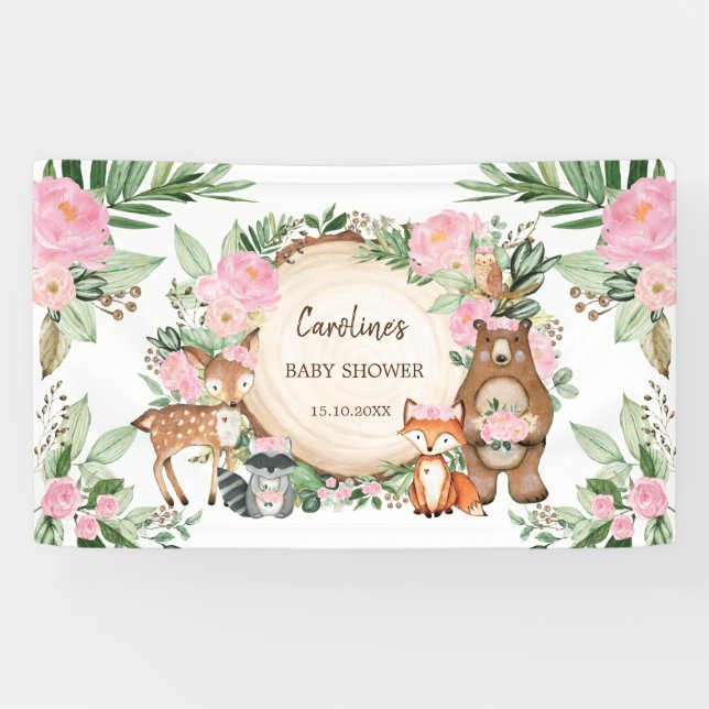 Pink Floral Woodland Animals Girl Baby Shower Banner (Horizontal)