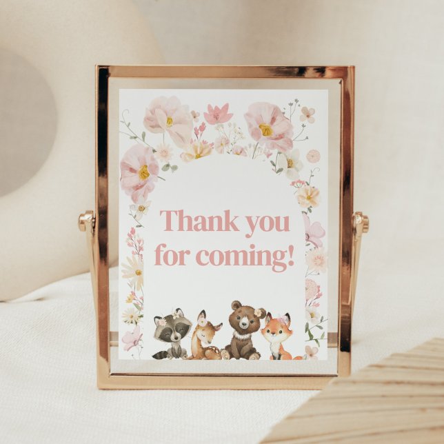 Pink Floral Woodland Animals Thank you for Coming Poster (Pink Flower Woodland Animals Baby Shower Thank you for Coming Sign)