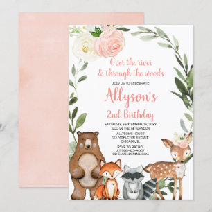 Pink floral woodland cute animals girl birthday invitation