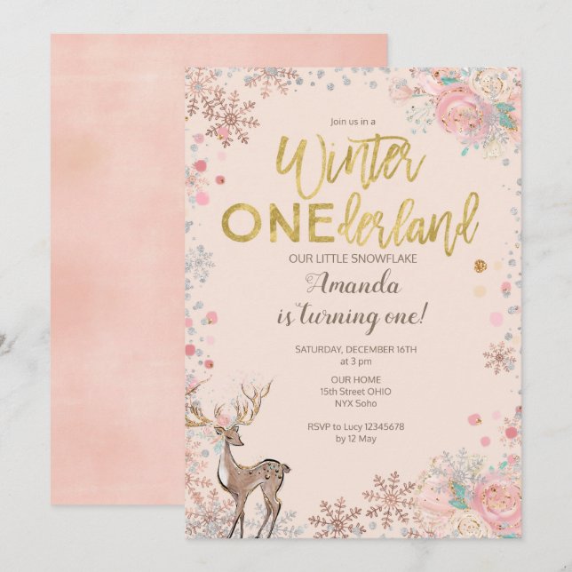 Pink Floral Woodland Deer Baby Shower Invitation (Front/Back)