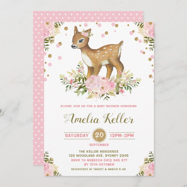 Pink Floral Woodland Deer Baby Shower Invitation (Front/Back)