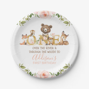 Pink Floral Woodland First Birthday  Paper Plate