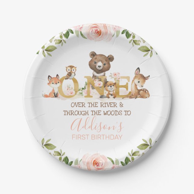 Pink Floral Woodland First Birthday  Paper Plate (Front)