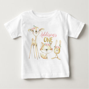Pink Floral Woodland First Birthday T-Shirt