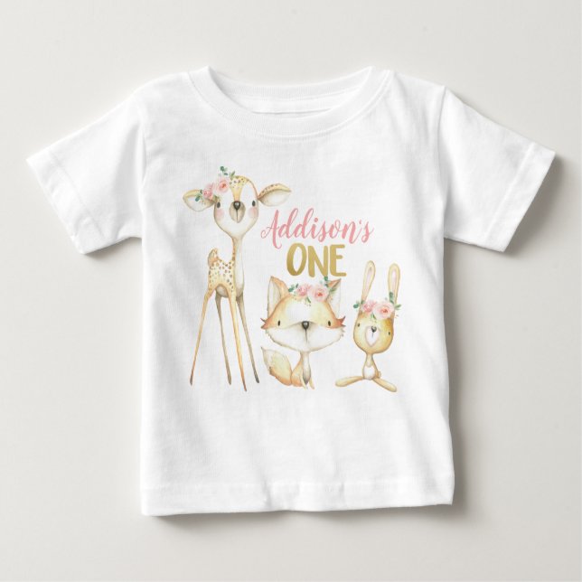 Pink Floral Woodland First Birthday T-Shirt (Front)