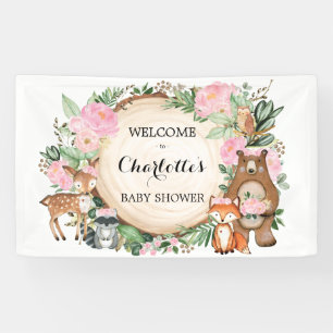 Pink Floral Woodland Forest Animals Baby Shower Banner