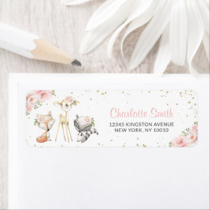 Pink Floral Woodland Forest Animals Baby Shower Return Address Label