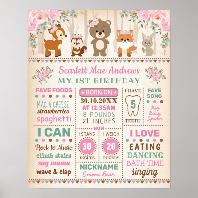 Pink Floral Woodland Girl 1st Birthday Milestone Poster (Front)
