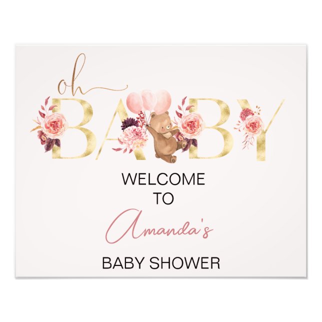 Pink Floral Word Bear Baby Shower Welcome Sign (Front)
