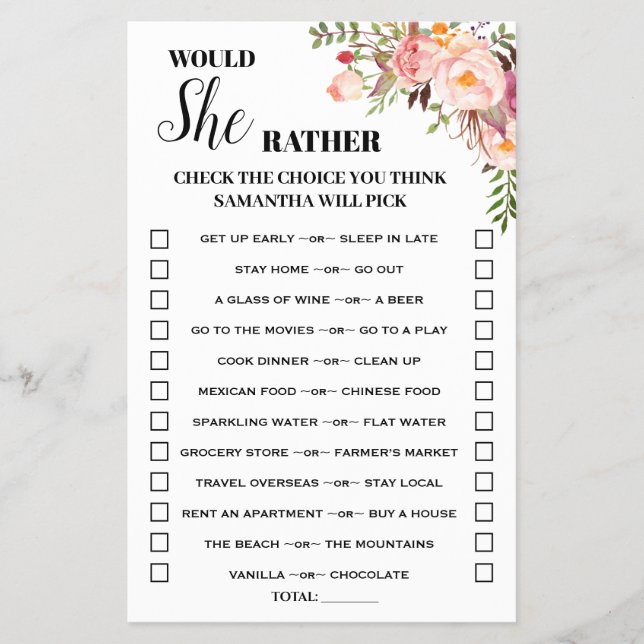 Pink floral Would She Rather Baby Shower Game Card (Front)