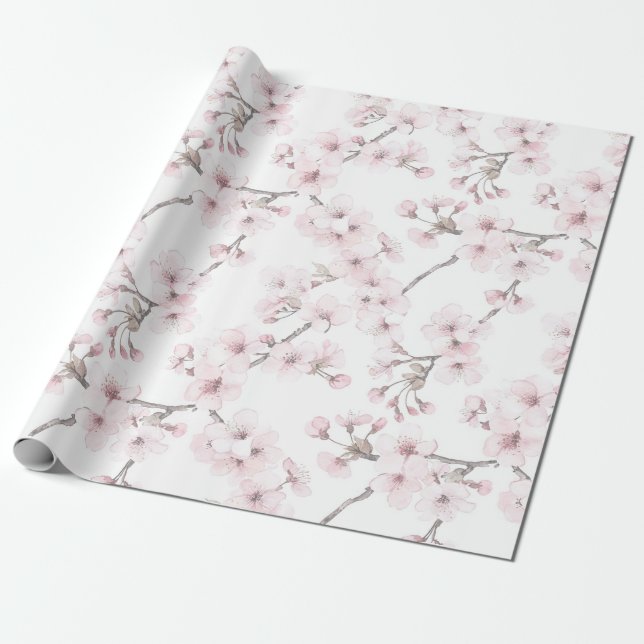 Pink Floral wrapping Cherry Tree gift wrap (Unrolled)