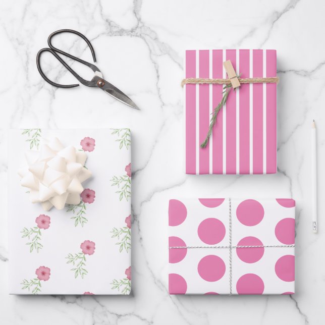 Pink Floral Wrapping Paper Flat Sheet Set of 3 (Front)