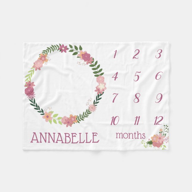 Pink Floral Wreath Baby Girl Milestone Blanket (Front (Horizontal))