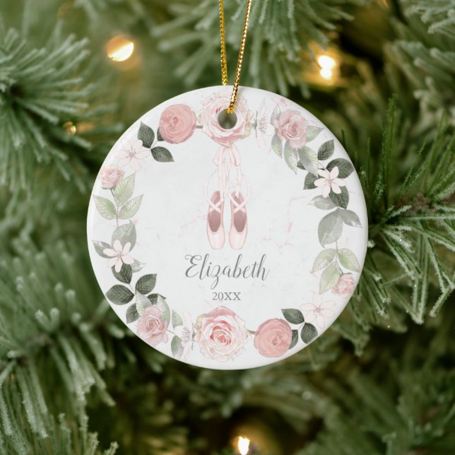 Pink Floral Wreath Ballet Slippers Personalised Ceramic Ornament (Tree)