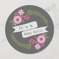 Pink Floral Wreath & Banner Girl Round Baby Shower