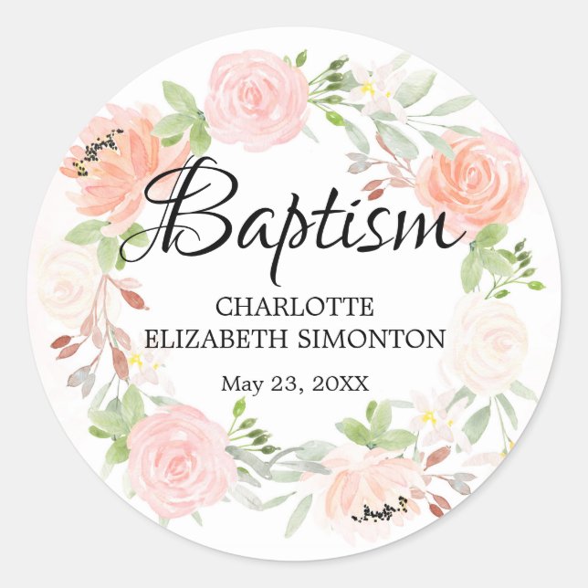 Pink Floral Wreath Baptism Envelope Seal (Front)