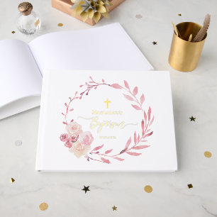 pink floral wreath Baptism Guest Book