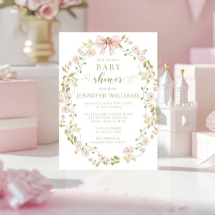 Pink Floral Wreath Bow Baby Girl Shower Invitation