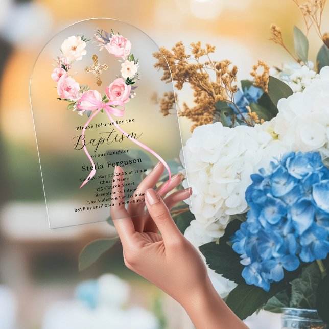 Pink floral wreath bow cross girl baptism arch acrylic invitations (Creator Uploaded)