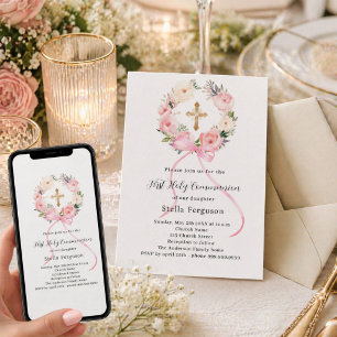 Pink floral wreath bow cross girl First Communion Invitation