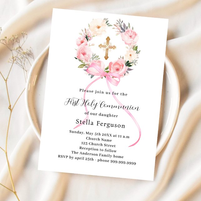 Pink floral wreath bow cross girl First Communion Invitation (Creator Uploaded)