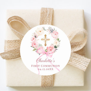 Pink floral wreath bow First Communion Classic Round Sticker