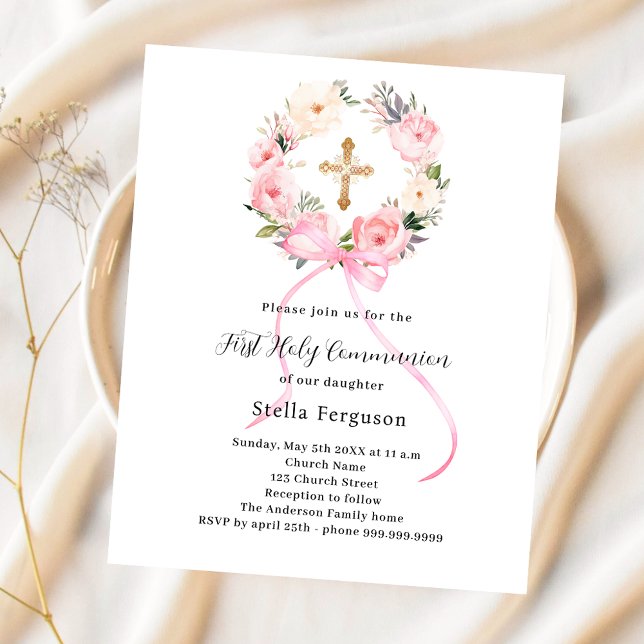Pink floral wreath bow First Communion invitation (Creator Uploaded)