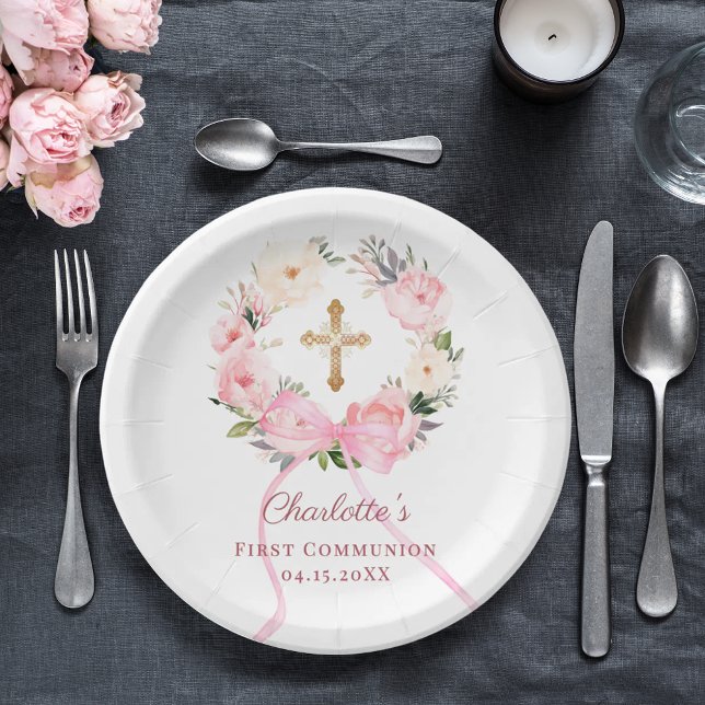 Pink floral wreath bow First Communion Paper Plate (Creator Uploaded)