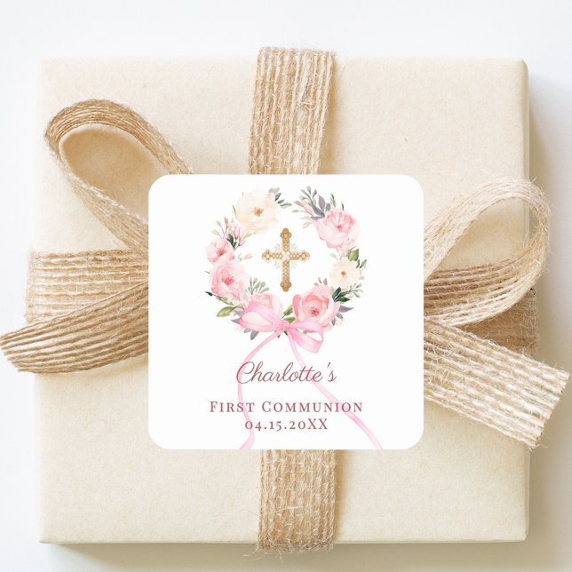 Pink floral wreath bow First Communion Square Sticker (Creator Uploaded)