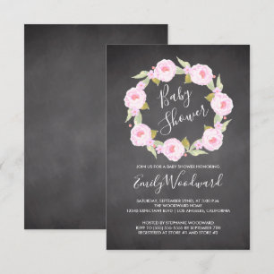 Pink Floral Wreath Chalkboard Girl Baby Shower Invitation