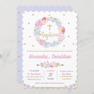 Pink Floral Wreath Christening Baptism Girl Invitation