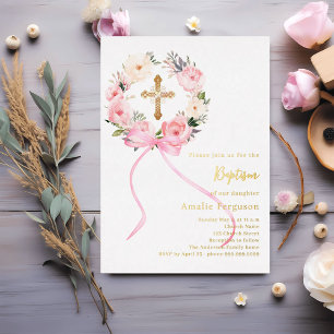 Pink floral wreath cross bow girl baptism