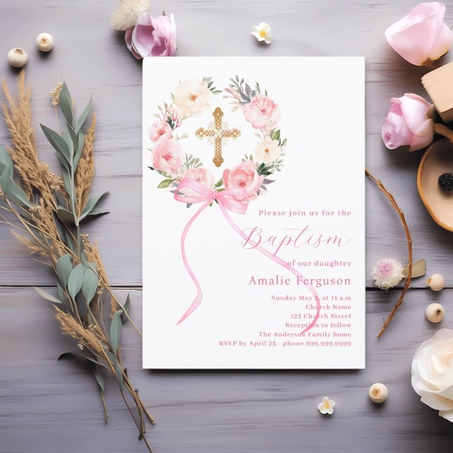 Pink floral wreath cross bow girl baptism invitation (Creator Uploaded)