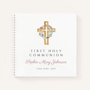 Pink Floral Wreath Cross First Communion Guestbook Notebook