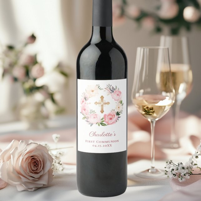 Pink floral wreath cross First Communion Wine Label (Creator Uploaded)