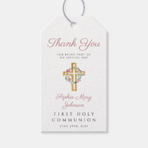 Pink Floral Wreath Cross Girl First Communion Gift Tags