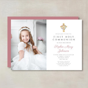 Pink Floral Wreath Cross Girl First Communion Invitation