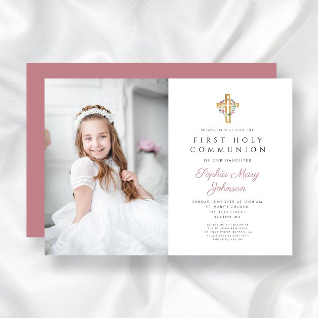 Pink Floral Wreath Cross Girl First Communion Invitation (Pink Floral Wreath Cross Girl First Communion Invitation)