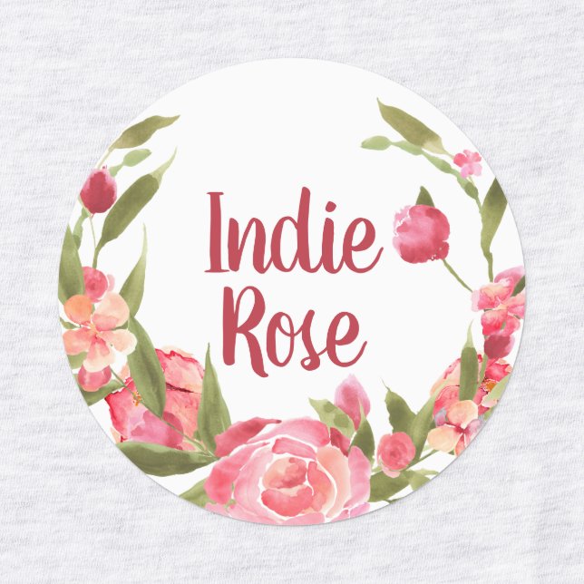 Pink Floral Wreath Custom Name School Labels (Design 1)