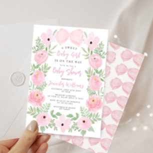 Pink floral wreath cute bow boho baby girl shower invitation