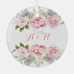Pink Floral Wreath Elegant Wedding Anniversary  Glass Tree Decoration