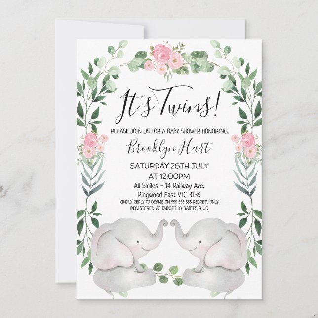 Pink Floral Wreath Elephants Twin Baby Shower Invitation (Front)