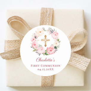 Pink floral wreath First Communion Classic Round Sticker