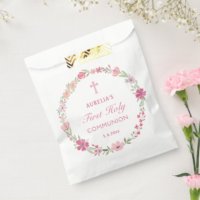 Pink Floral Wreath First Communion Favour Bag (Sealed)