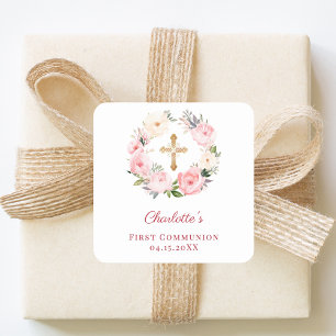 Pink floral wreath First Communion Square Sticker