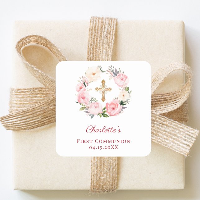 Pink floral wreath First Communion Square Sticker (Creator Uploaded)
