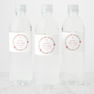 Pink Floral Wreath First Communion Water Bottle Label