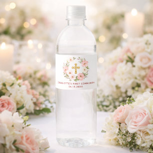 Pink floral wreath First Communion Water Bottle Label